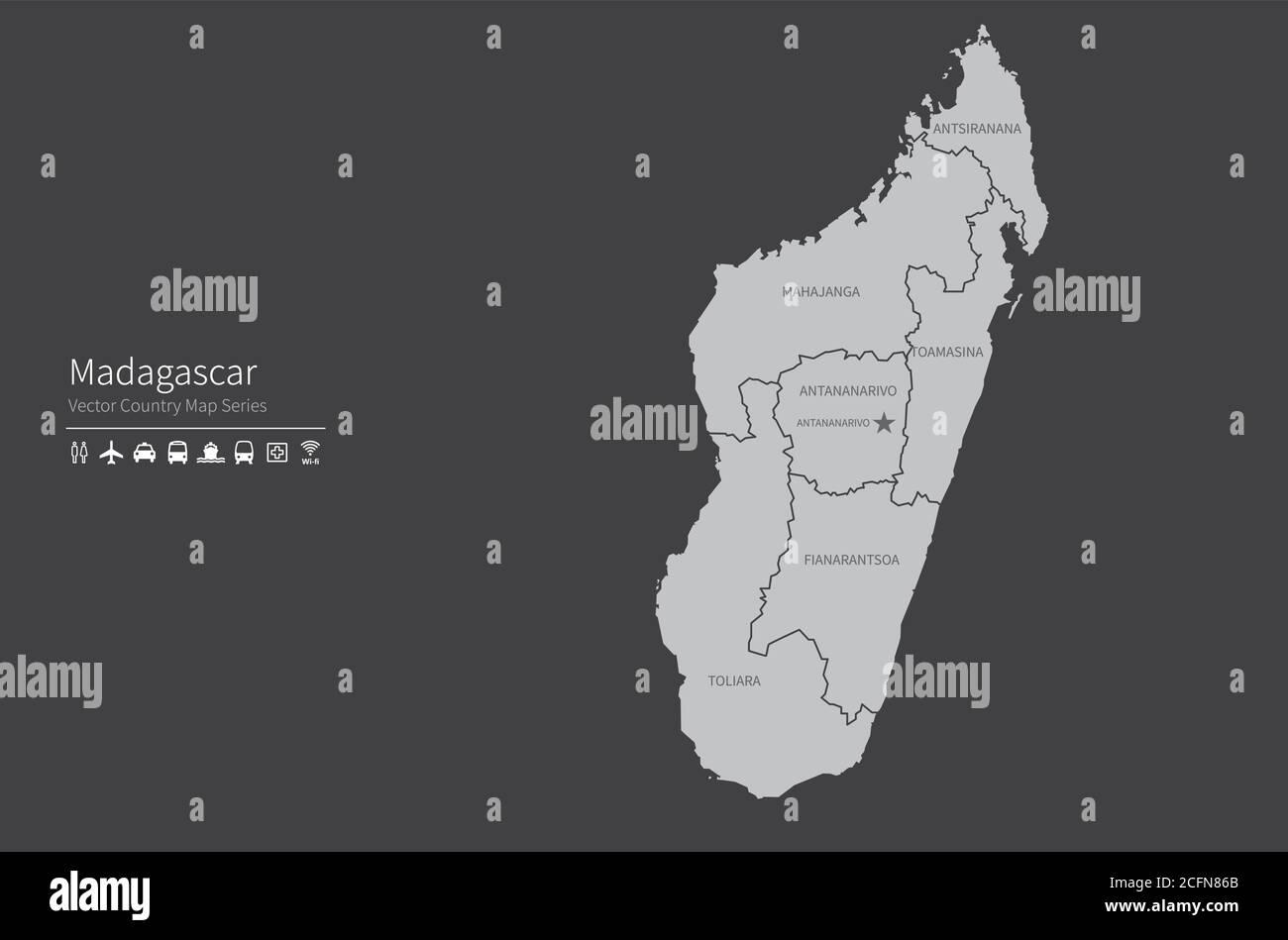 Madagaskar-Karte. Nationale Karte der Welt. Grau gefärbte Länder Kartenserie. Stock Vektor
