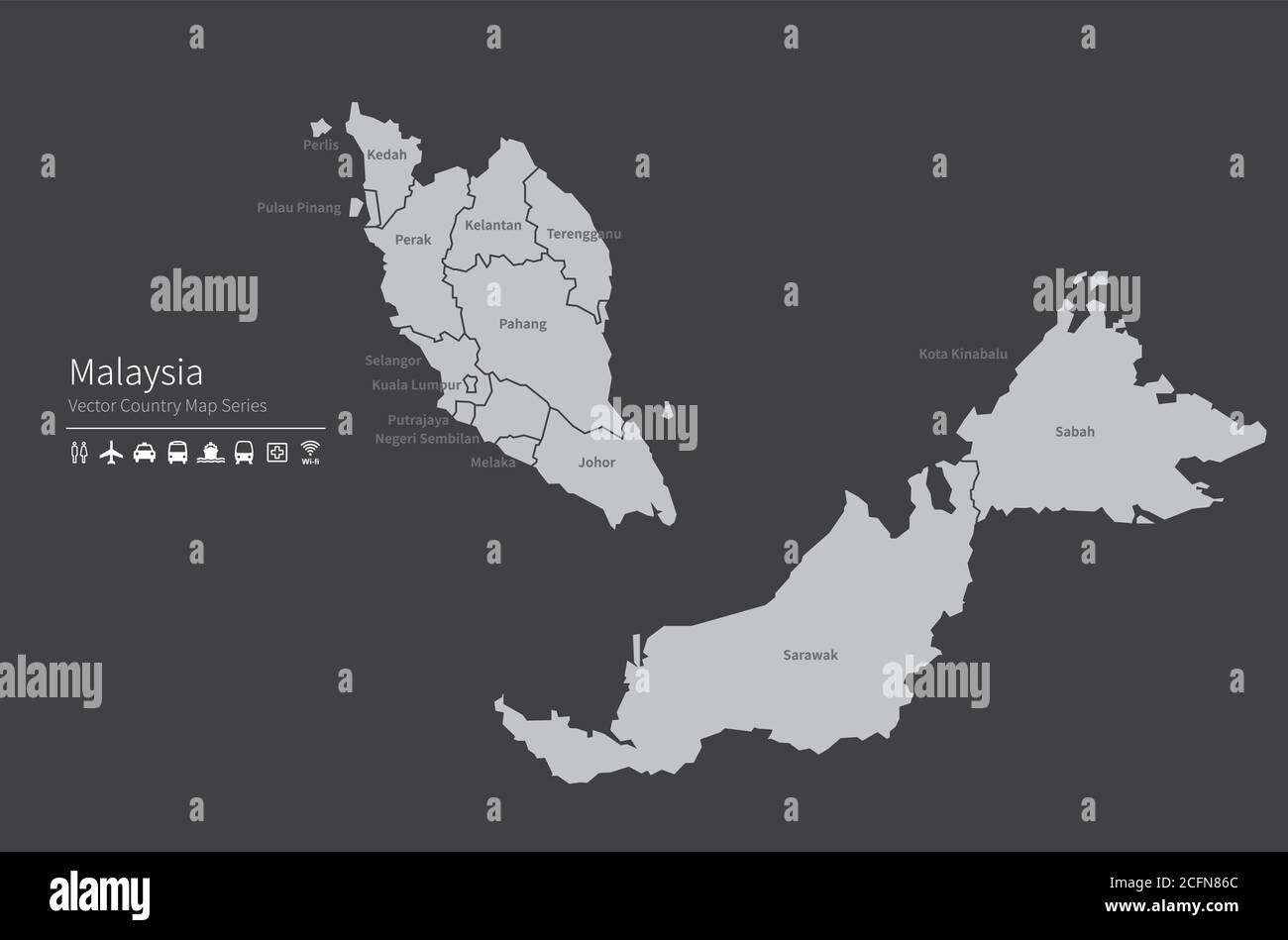 Malaysia-Karte. Nationale Karte der Welt. Grau gefärbte Länder Kartenserie. Stock Vektor