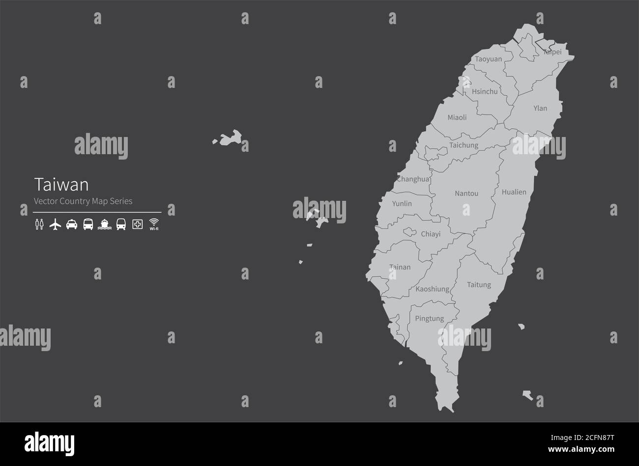 Taiwan-Karte. Nationale Karte der Welt. Grau gefärbte Länder Kartenserie. Stock Vektor