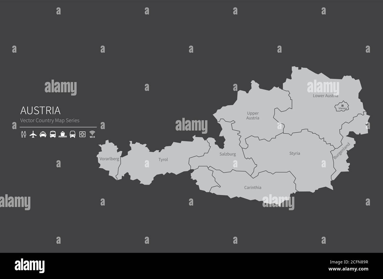 Österreich-Karte. Nationale Karte der Welt. Grau gefärbte Länder Kartenserie. Stock Vektor