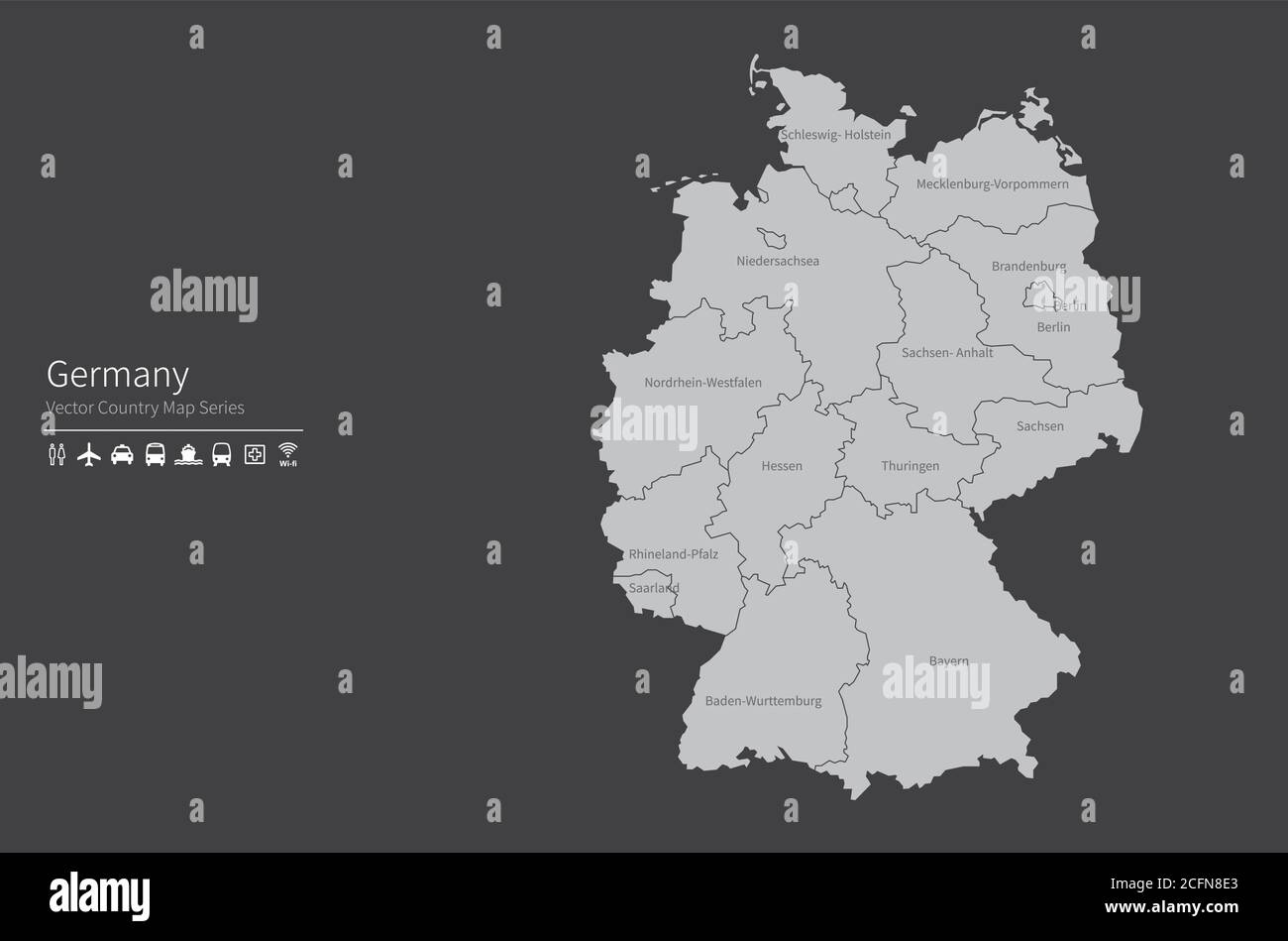 Deutschland-Karte. Nationale Karte der Welt. Grau gefärbte Länder Kartenserie. Stock Vektor