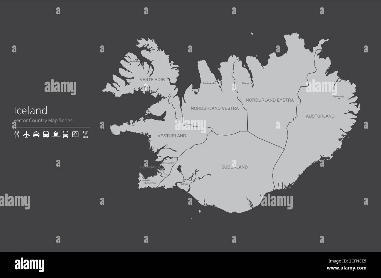 Eislandkarte. Nationale Karte der Welt. Grau gefärbte Länder Kartenserie. Stock Vektor