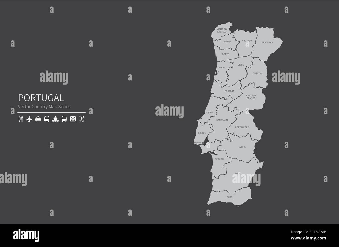 Portugal-Karte. Nationale Karte der Welt. Grau gefärbte Länder Kartenserie. Stock Vektor
