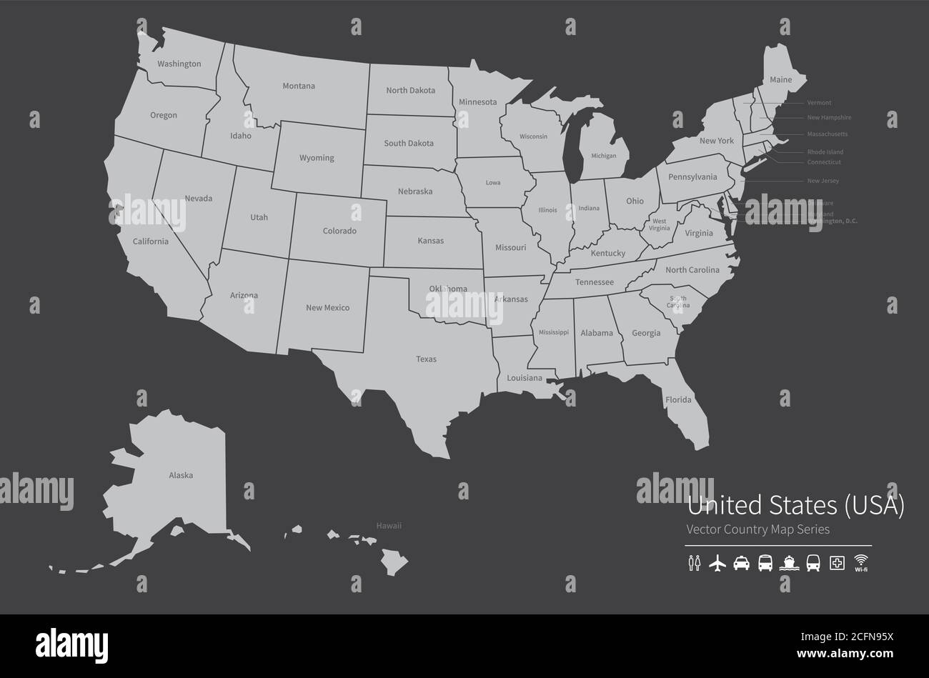 US-Karte. Nationale Karte der Welt. Grau gefärbte Länder Kartenserie. Stock Vektor