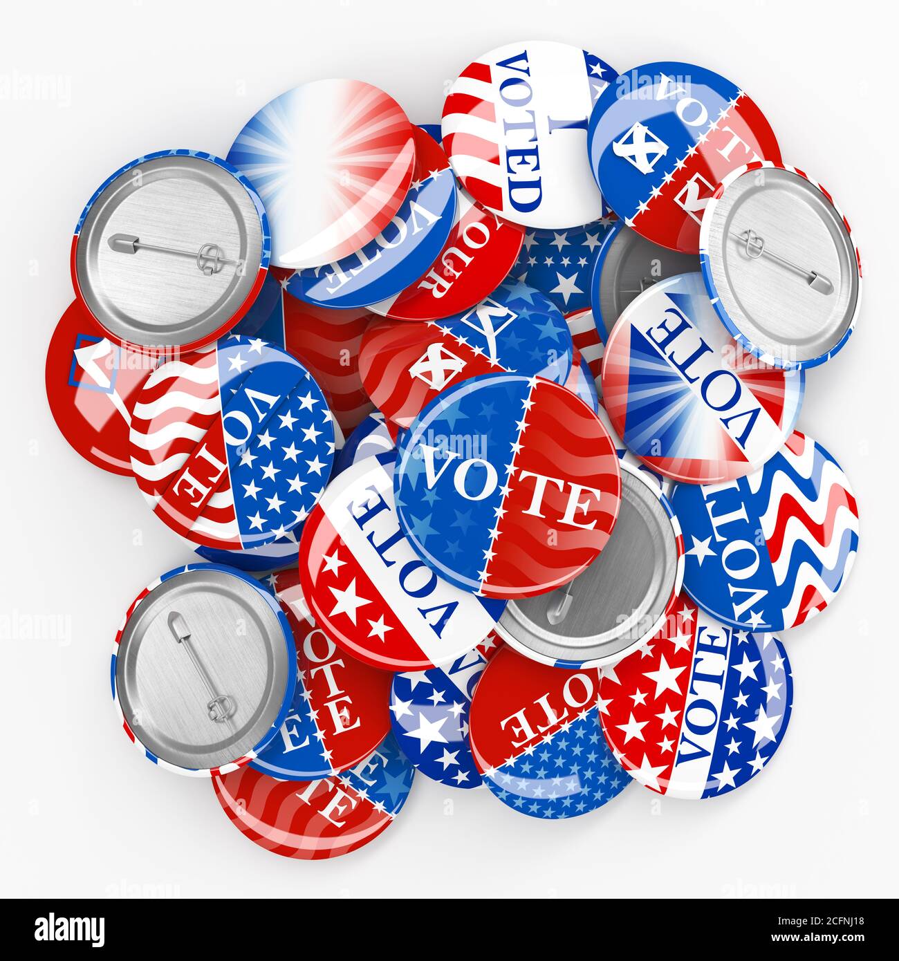 Stapel von amerikanischen rot, weiß und blau Vote PIN. Sammlung von Wahltasten für US-Präsidentschaftswahlen oder Kommunalwahlen. 3d-Rendering. Stockfoto