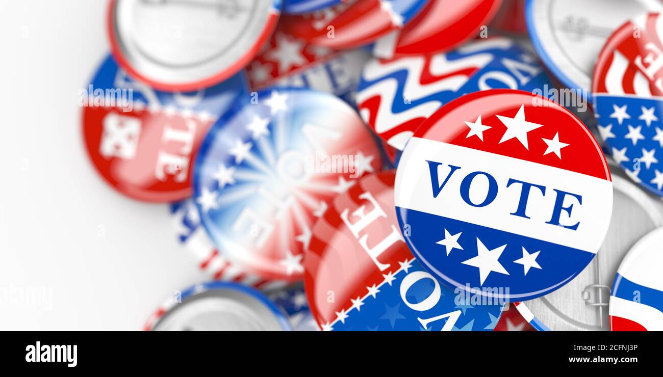 Stapel von amerikanischen rot, weiß und blau Vote PIN. Sammlung von Wahltasten für US-Präsidentschaftswahlen oder Kommunalwahlen. 3d-Rendering. Stockfoto