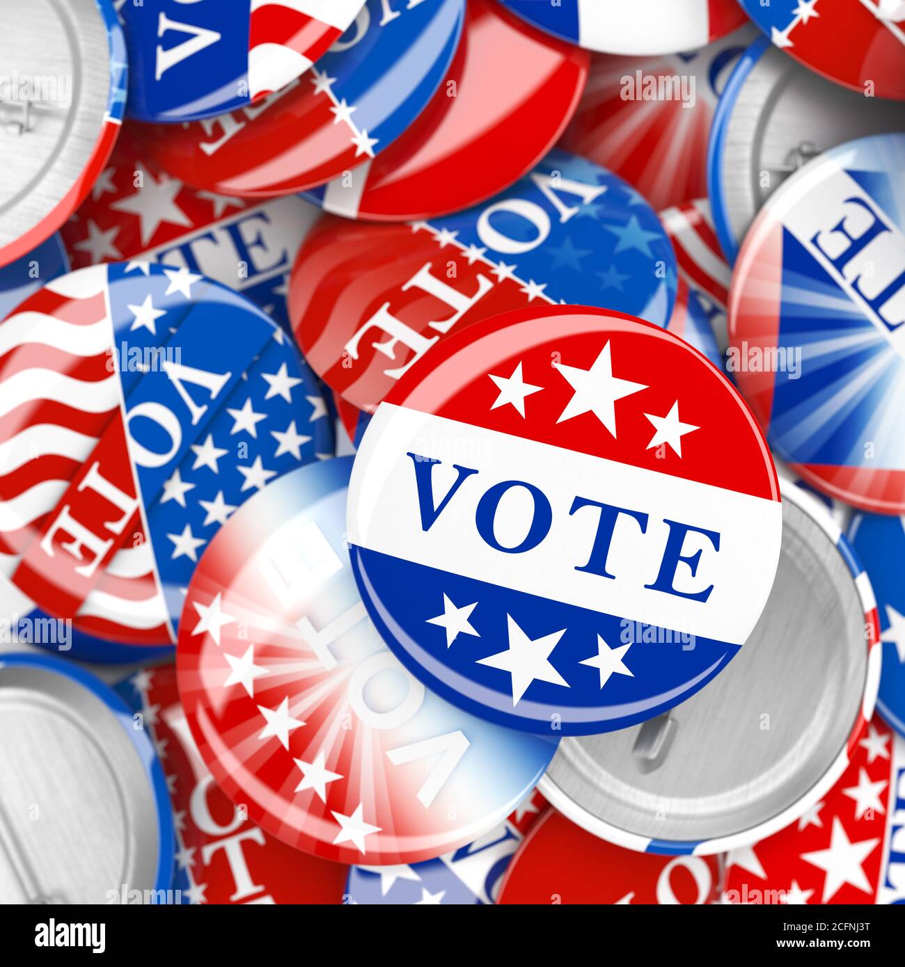 Stapel von amerikanischen rot, weiß und blau Vote PIN. Sammlung von Wahltasten für US-Präsidentschaftswahlen oder Kommunalwahlen. 3d-Rendering. Stockfoto