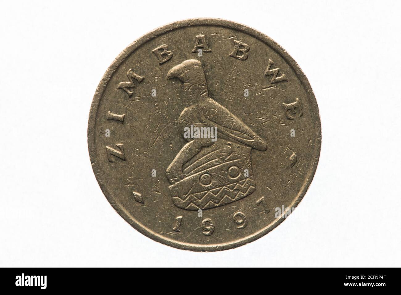 Eine 2-Dollar-Münze aus Simbabwe mit dem Zimbabwe Vogel eine nationale Ikone. Stockfoto