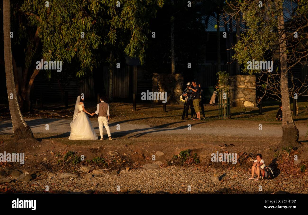 Port Douglas North Queensland Australien ist eines der beliebtesten Reiseziele für Hochzeiten in Australien. Ein Paar aus Übersee hat ihre Hochzeitsfotos gemacht. Stockfoto