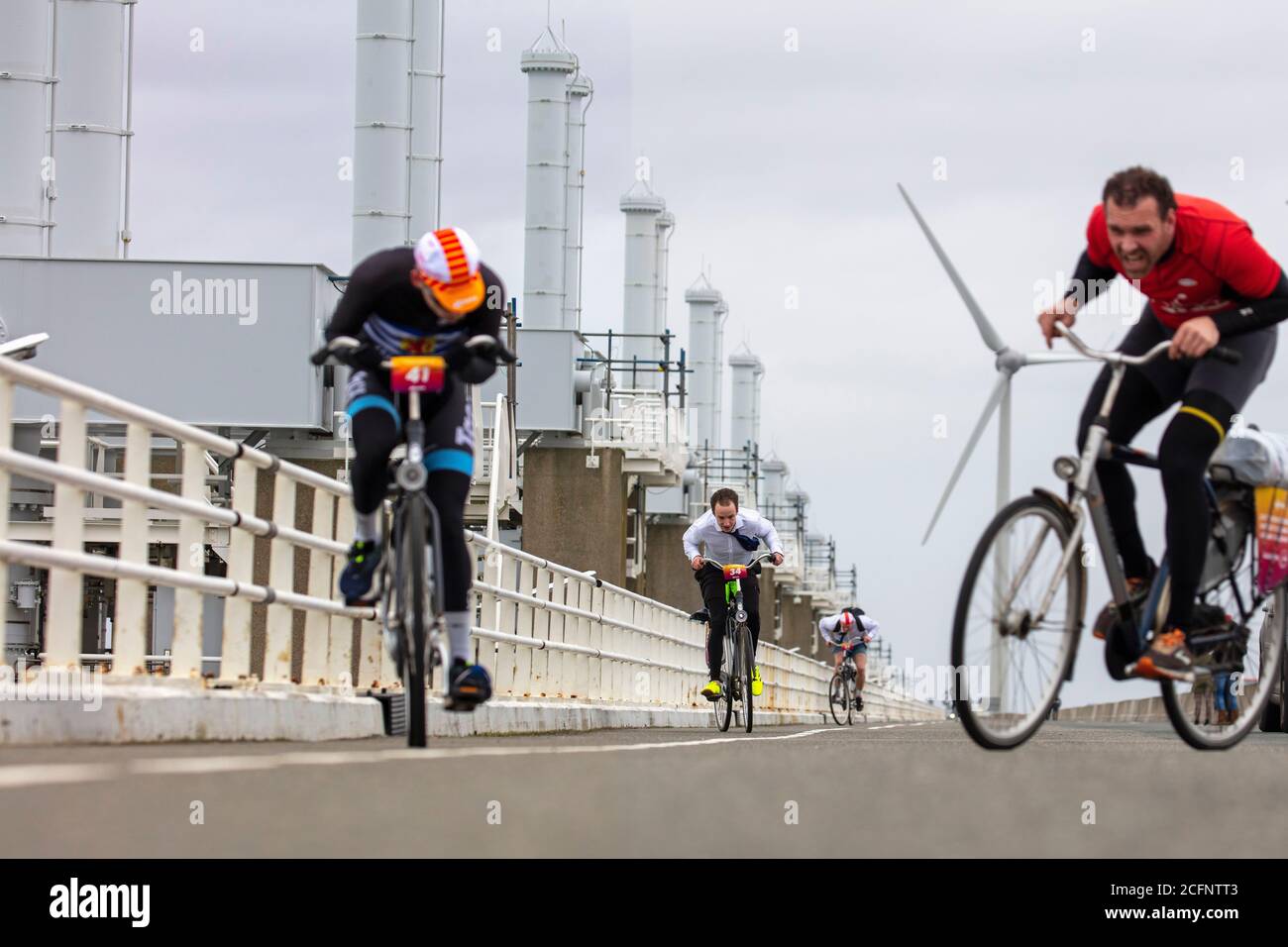 Die Niederlande, Kamperland, die niederländischen Gegenwind-Radmeisterschaften finden auf der Oosterscheldekering Sturmflutwehr statt. Stockfoto