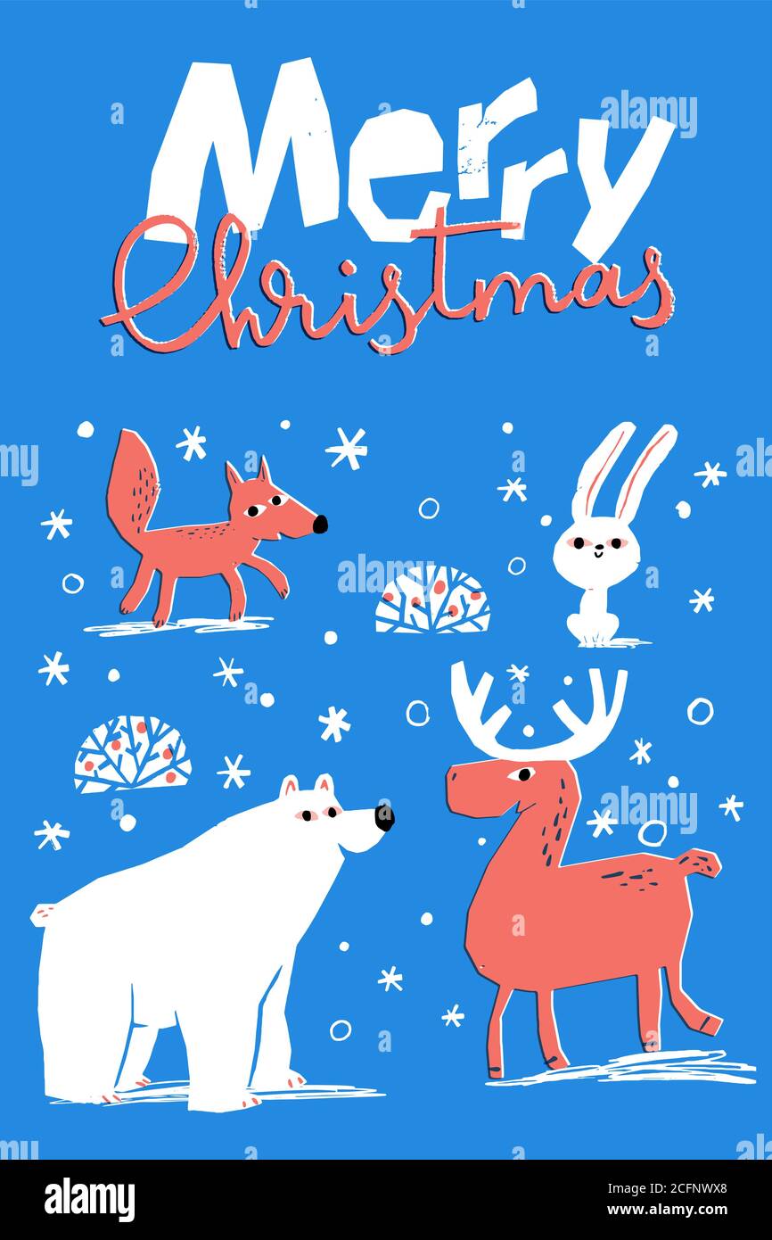 Frohe Weihnachten Vektor Winter Poster mit niedlichen Tieren Stock Vektor