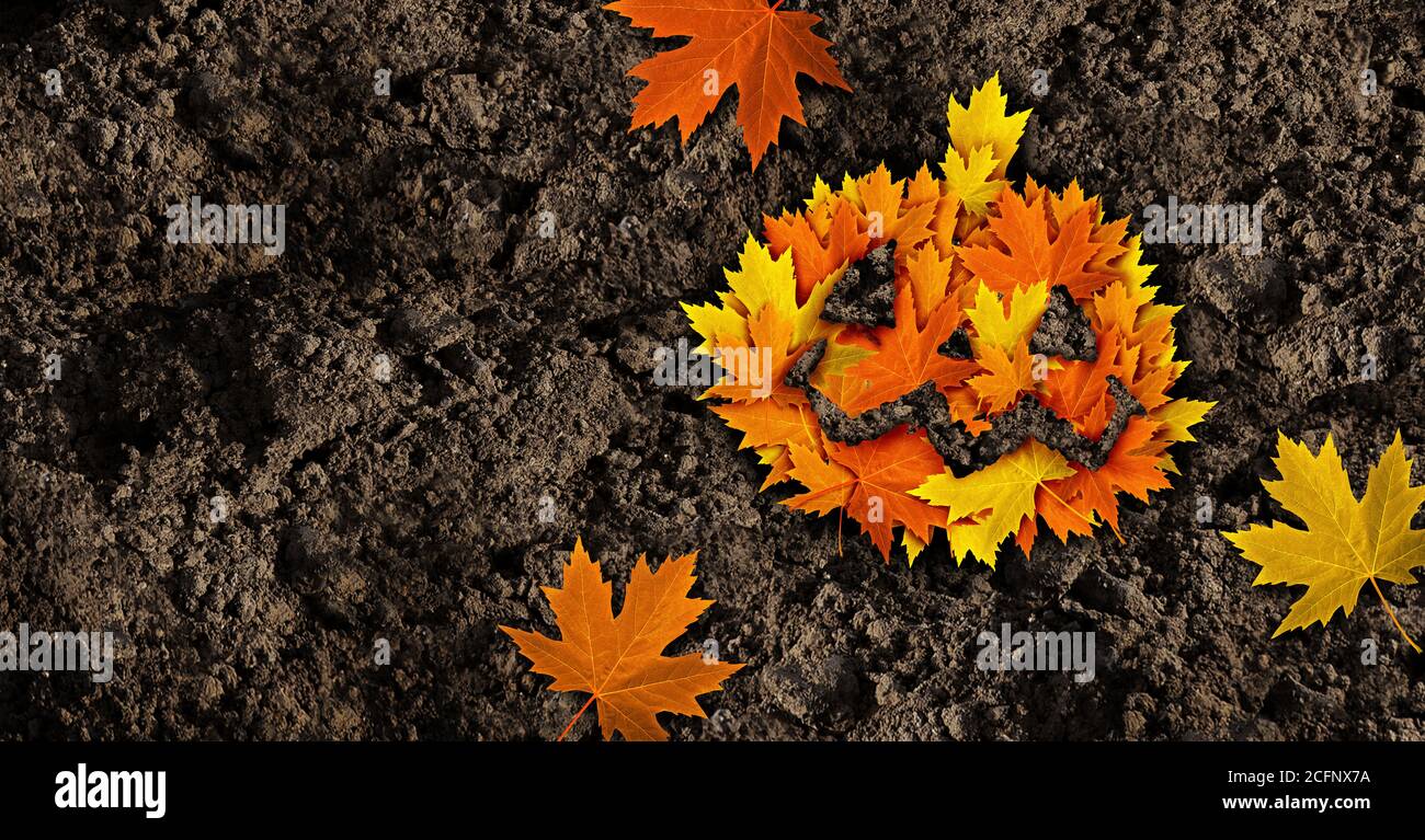 Herbst halloween und Herbst Saison Urlaub Jack o Laterne Kürbis aus saisonalen Blättern in einem 3D-Illustration-Stil. Stockfoto