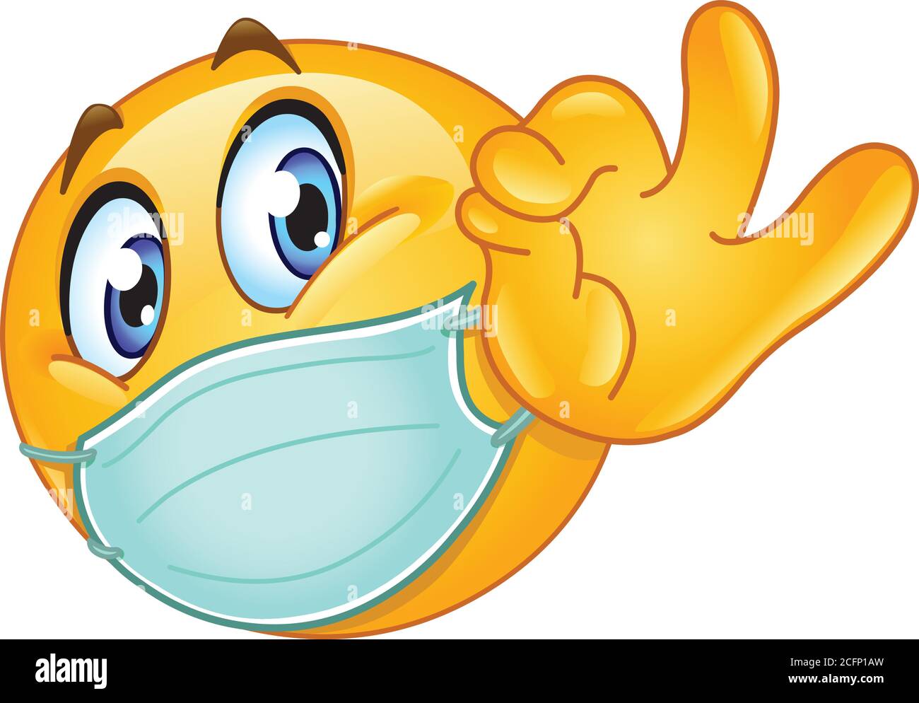Emoji-Emoticon mit medizinischer Maske über dem Mund mit OK-Zeichen Stock Vektor