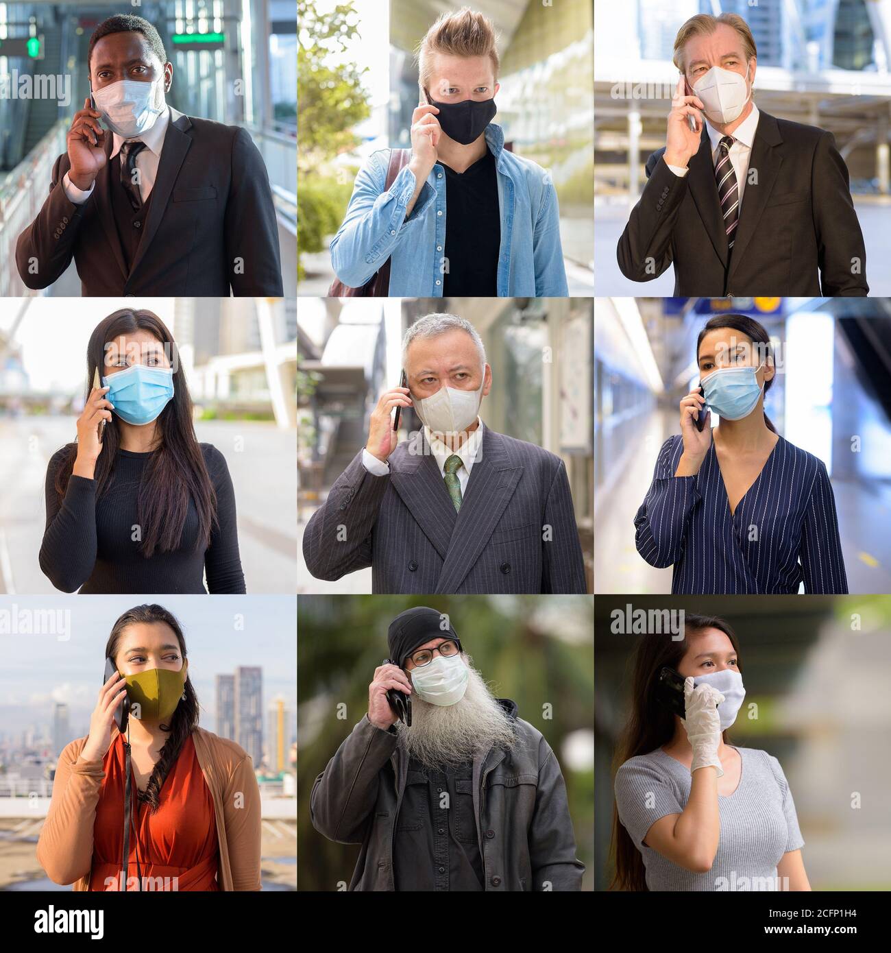 Collage von Menschen, die eine schützende Gesichtsmaske tragen und sich unterhalten Das Telefon Stockfoto