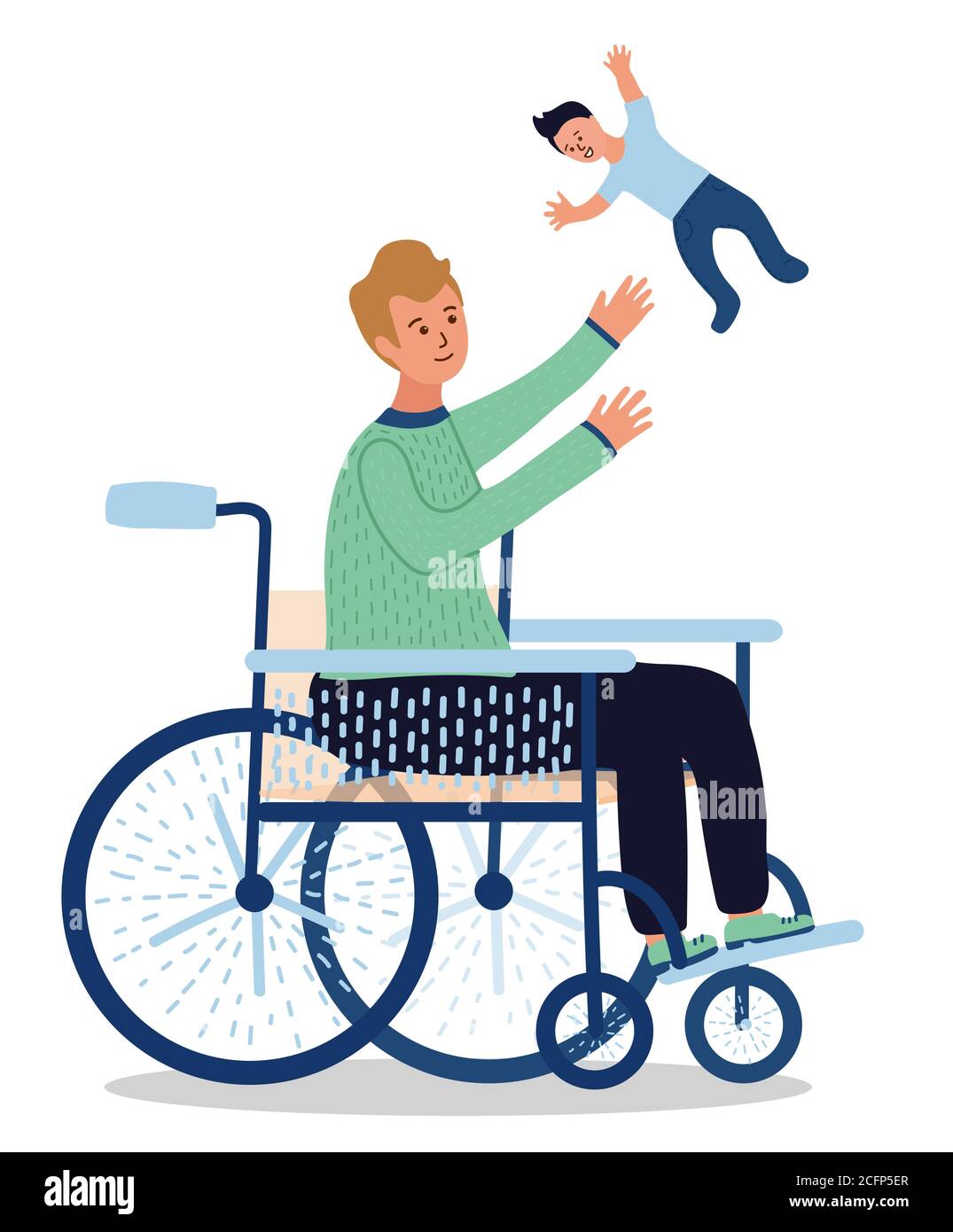 Cartoon junger Mann sitzen im Rollstuhl und werfen das Baby auf. Schwarze  Hose und grüner Pullover. Elternschaft. Vater und Sohn. Handgezeichneter  Stil. Isoliert auf Stock-Vektorgrafik - Alamy