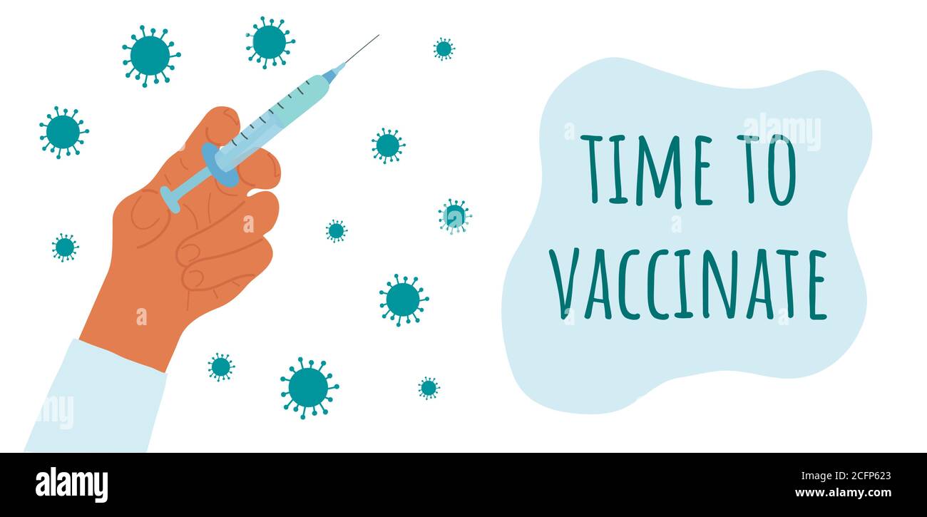 Cartoon Hand hält eine Spritze mit einem Impfstoff. Beschriftung Zeit zu impfen. Banner-Vorlage für Gesundheitswesen und Schutz. Landing Page. Vektor Stock Vektor