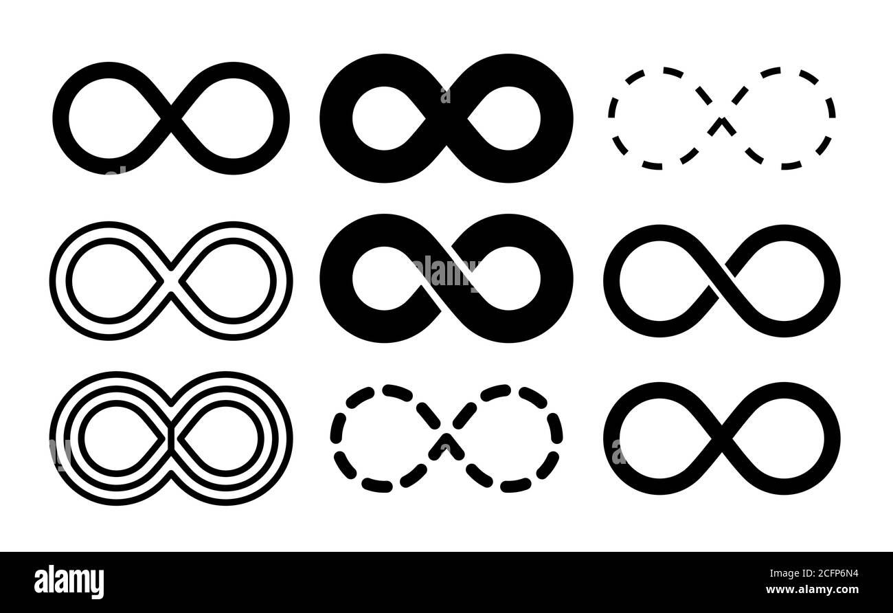 Infinity-Symbol. Mobius unendliche Pfeil Symbol gesetzt. Endloses, dünnes lineares Bild. Vektorwiederholung und unbegrenztes Logo Stock Vektor
