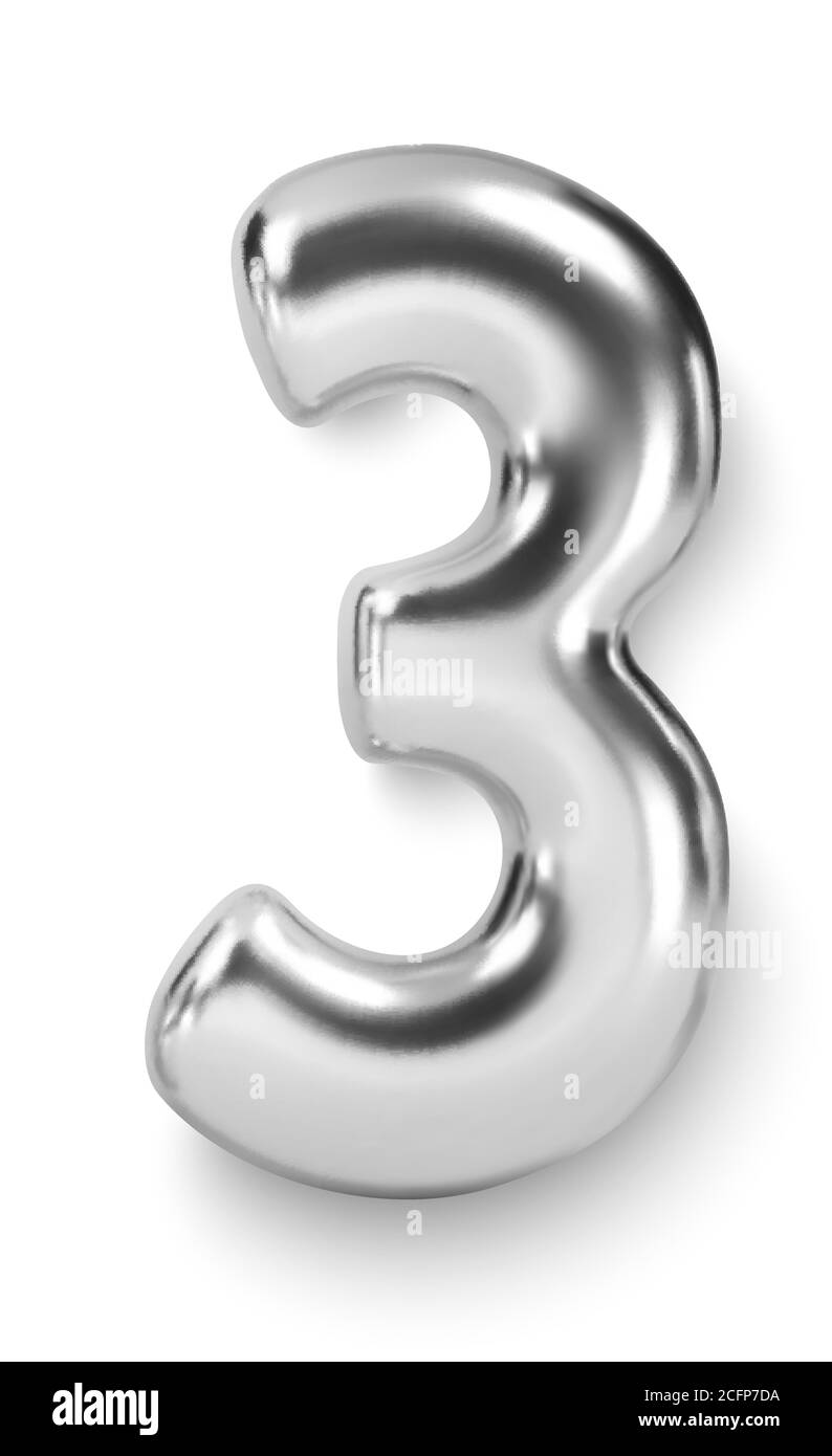 Silberner Zahlenballon 3 Drei. Vektor realistische 3d-Charakter Stock Vektor