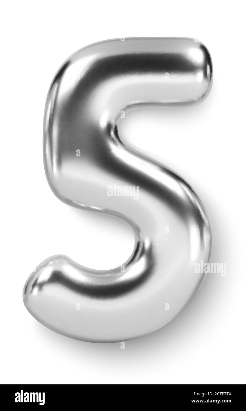 Silberner Zahlenballon 5 Fünf. Vektor realistische 3d-Charakter Stock Vektor