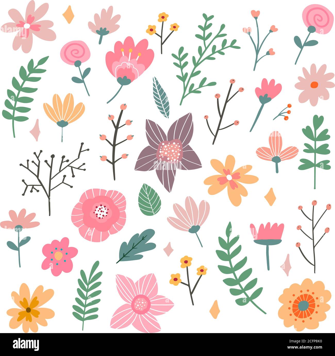 Blumenstrauß von handgezeichneten Fantasy Folk Blumen. Botanische Illustration im flachen Cartoon-Stil. Großartig als Banner, Druck und Karte. Vektor Stock Vektor