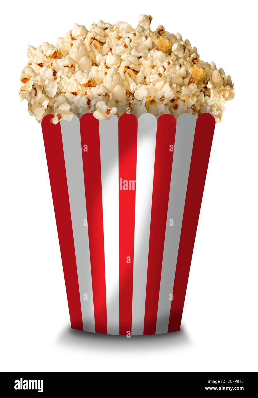 Eine große klassische Kiste mit Theaterpopcorn auf weißem Hintergrund. Die Box ist in roten und weißen Streifen gefärbt. Stockfoto