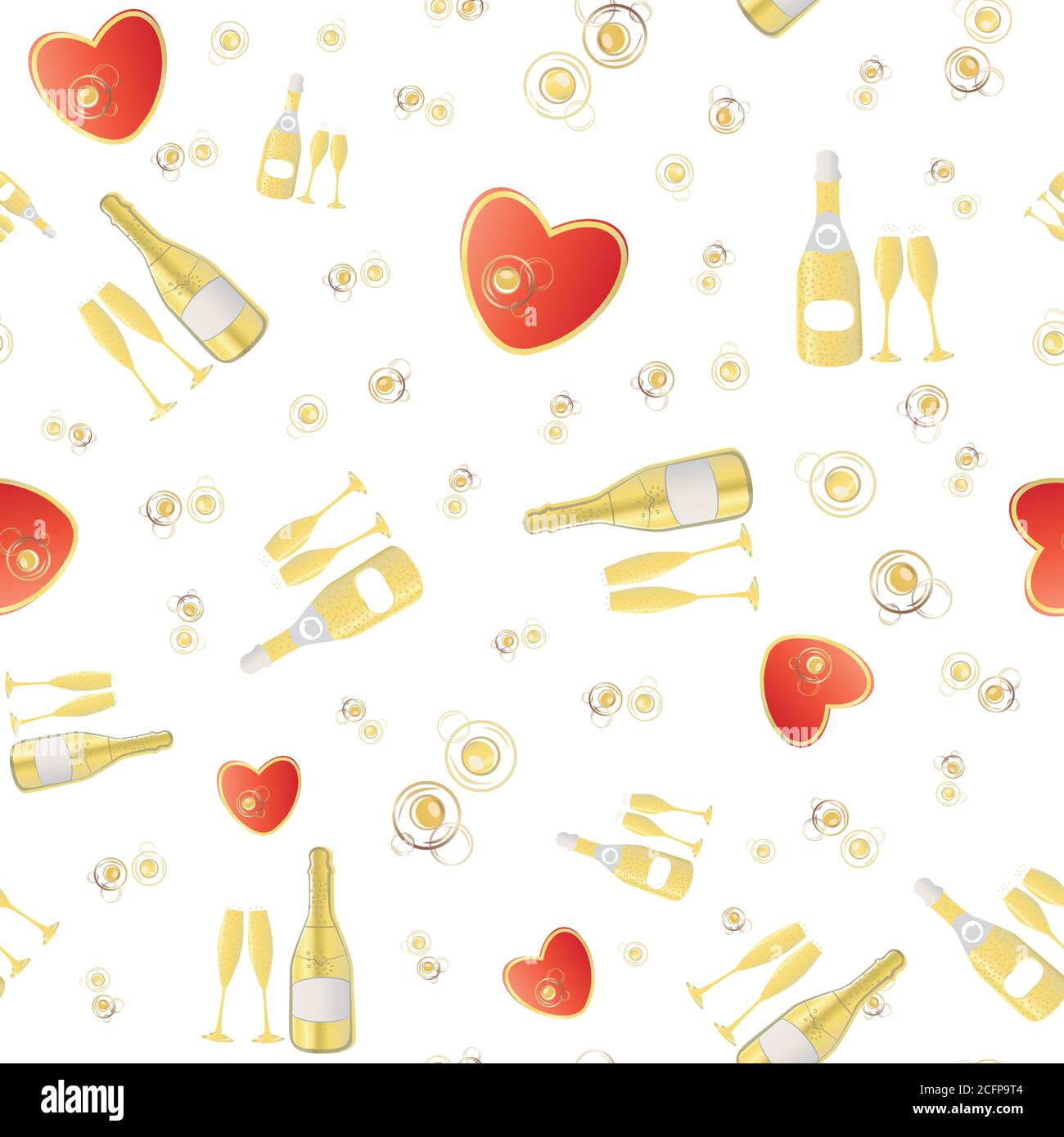 Champagner und rote Herzen nahtlose Vektor-Muster Hintergrund. Goldflaschen, Gläser, kohlensäurehaltiges Getränk auf weißem Hintergrund. Eleganter Sekt wiederholen. Alle Stock Vektor