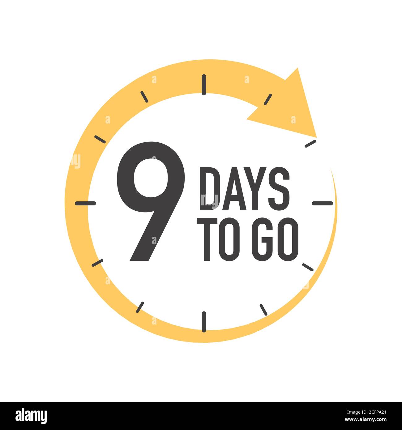 Symbol „neun Tage vor dem nächsten Tag“. Rundes Symbol mit gelbem Pfeil. Stock Vektor