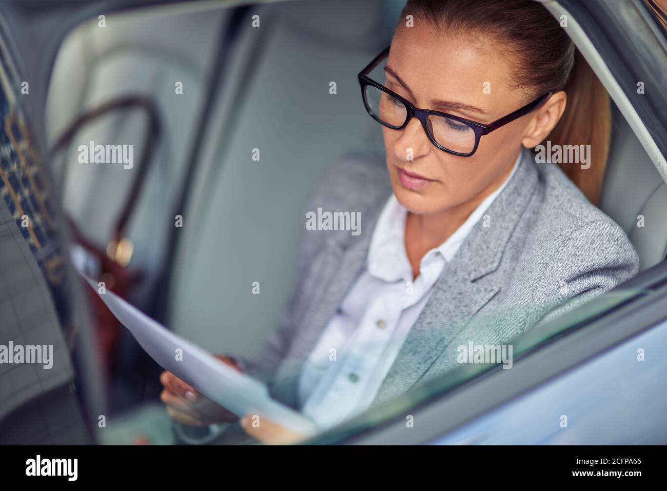 Konzentrierte Geschäftsfrau mittleren Alters trägt eine Brille, die Dokumente liest, während sie auf dem Rücksitz im Auto sitzt und sich auf ein Treffen vorbereitet Stockfoto