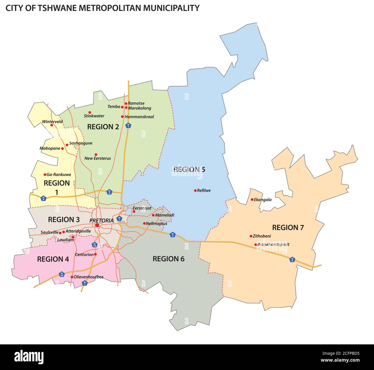 Administrative Vektorkarte der Stadt Tshwane Metropolitan Municipality, Gauteng, Südafrika Stock Vektor