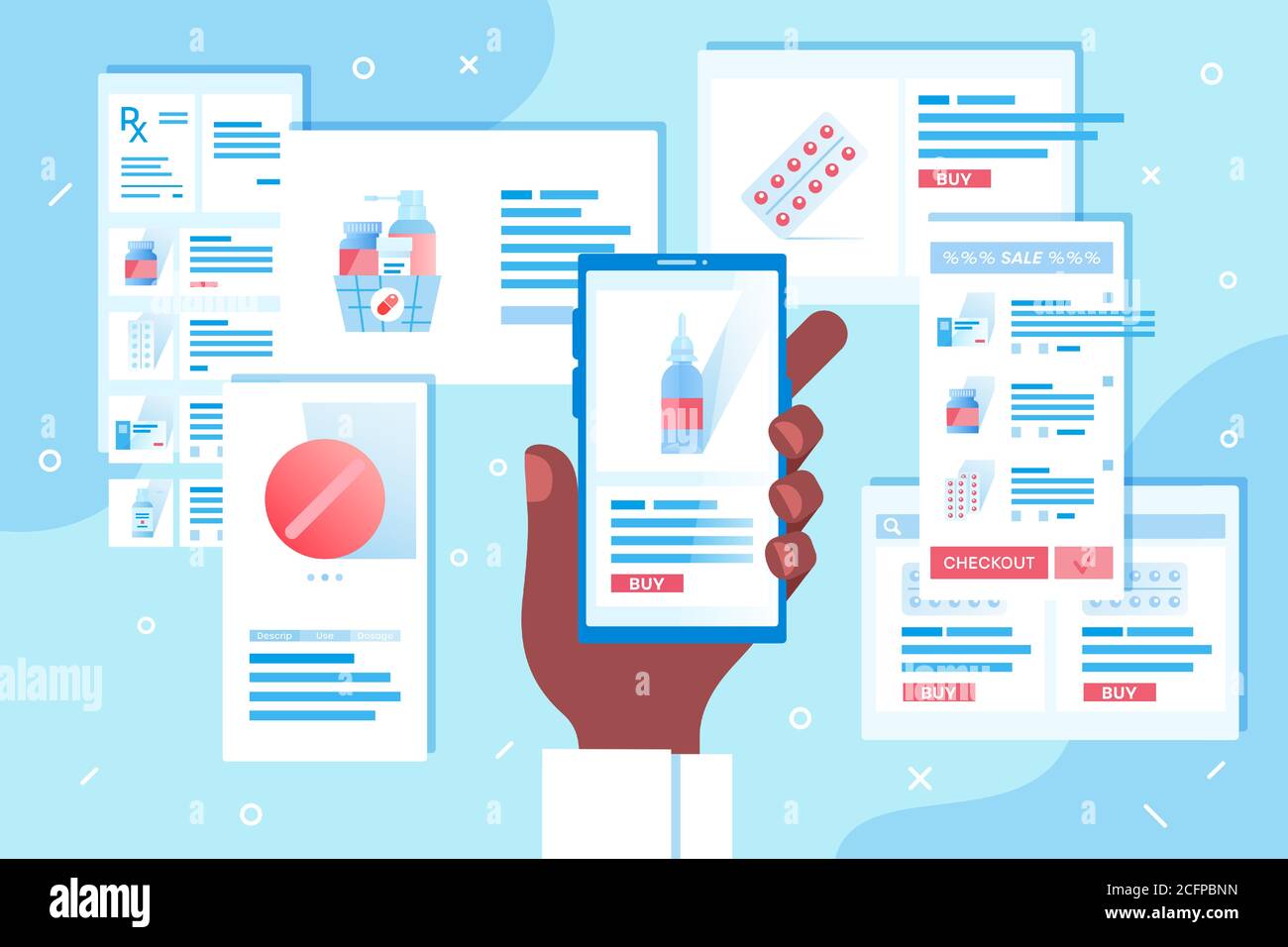 Bestellung im Drogeriemarkt über mobile App oder Website. Dunkelhäutige Hand hält Smartphone, Bildschirme mit Webseiten herum Stock Vektor