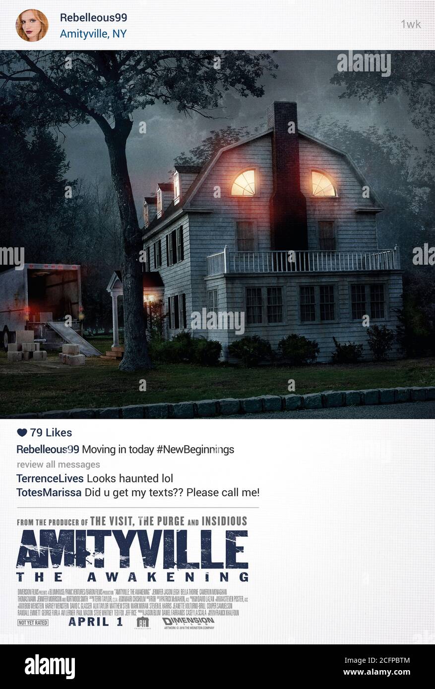 Amityville: The Awakening (2017) unter der Regie von Franck Halfoun mit Jennifer Jason Leigh, Bella Thorne, McKenna Grace und Cameron Monaghan. Eine alleinerziehende Mutter und ihre Kinder ziehen in dieses berüchtigte Haus. Stockfoto