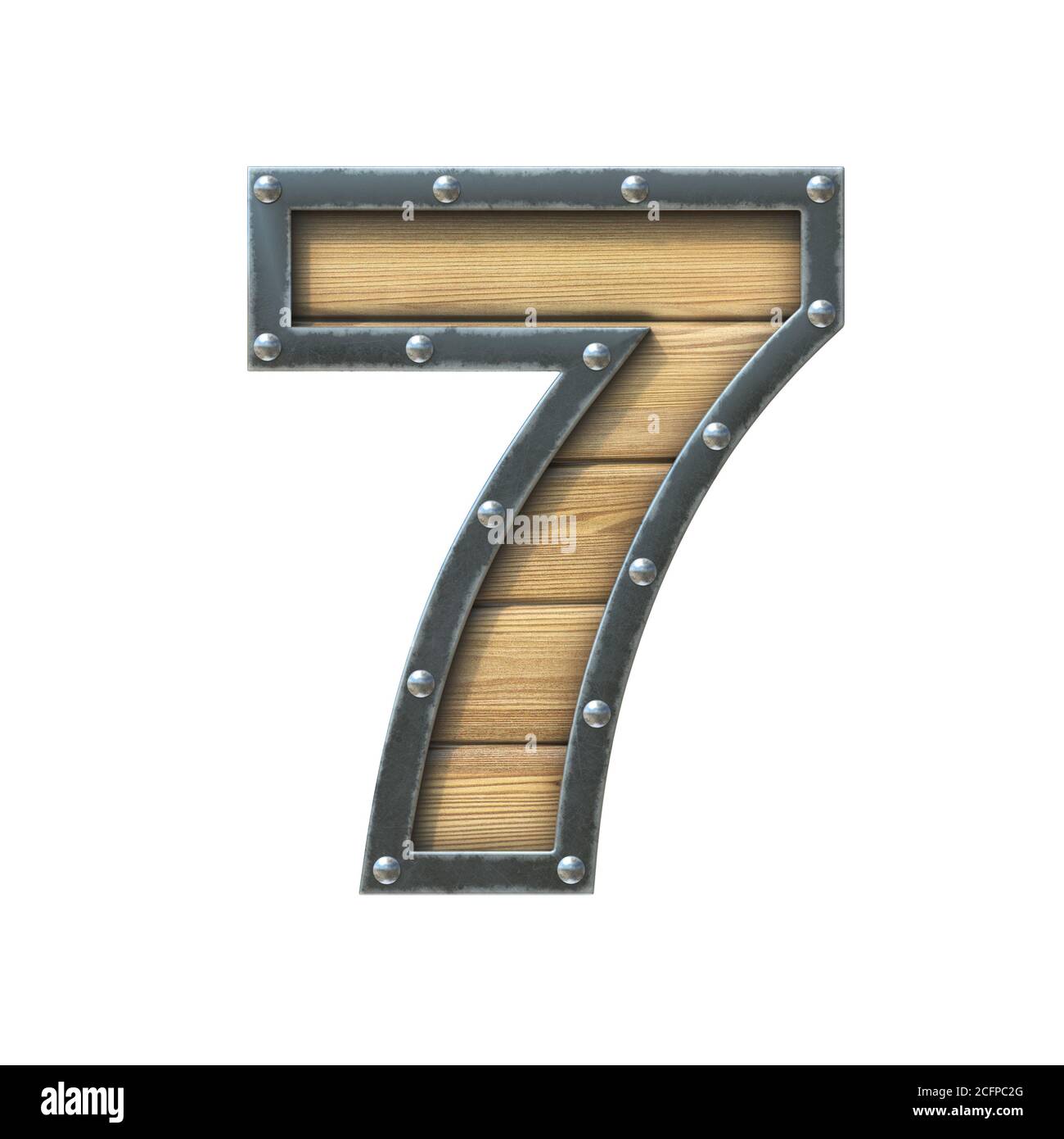 Schriftart aus Holzbrett mit Metallrahmen und Nieten, 3d-Rendering-Nummer 7 Stockfoto