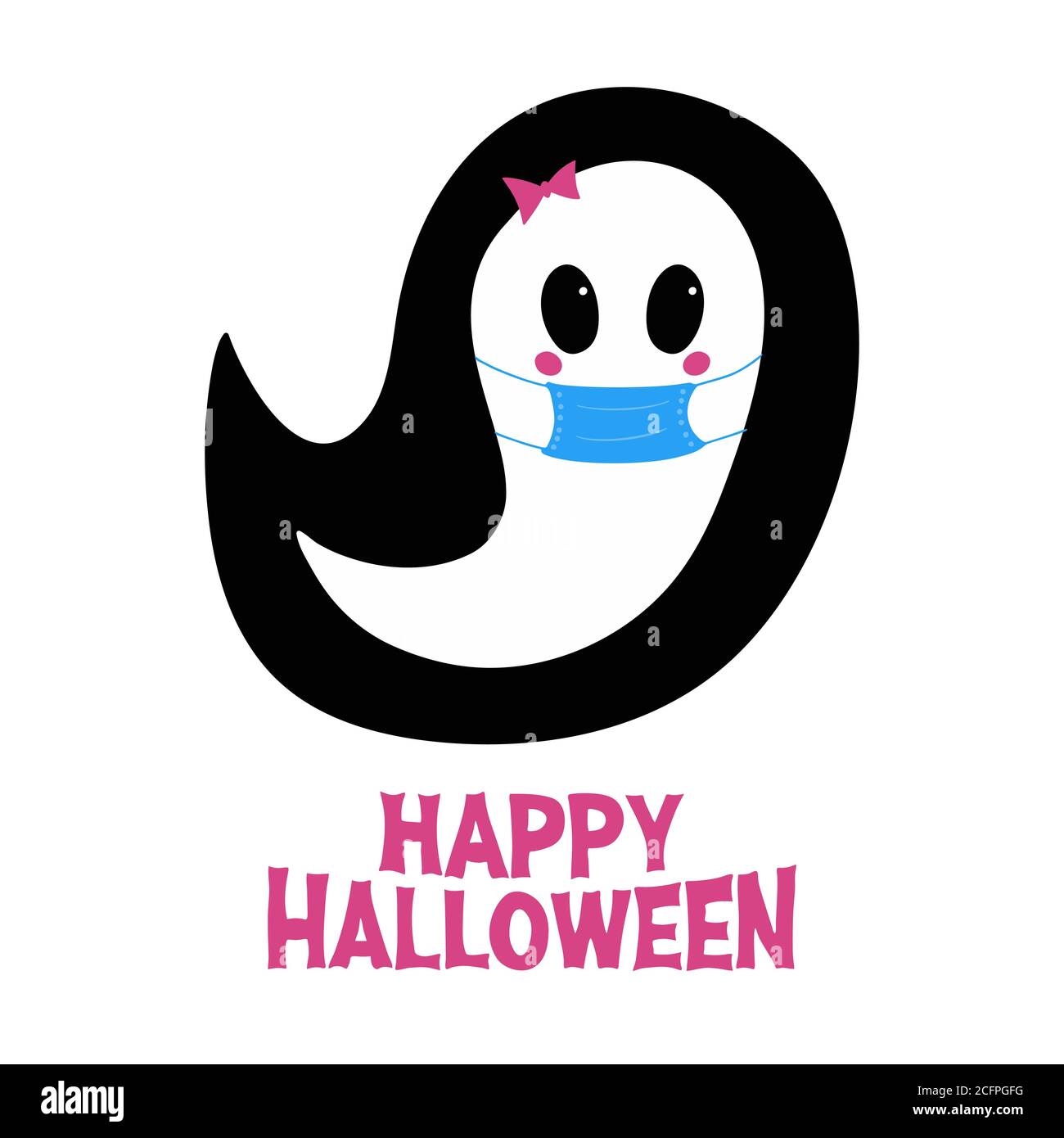 Niedliches Mädchen Geist in blaue medizinische Maske mit rosa Rouge, Schleife und Happy Halloween Schriftzug. Weihnachtskarte. Isoliert auf weißem Hintergrund. Vektor Stock Vektor