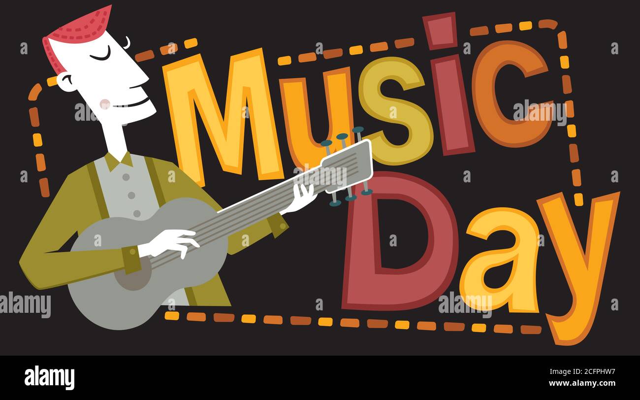 Retro-Stil Illustration eines Mannes spielt die Gitarre. Daneben steht der Satz „Music Day“. Stock Vektor