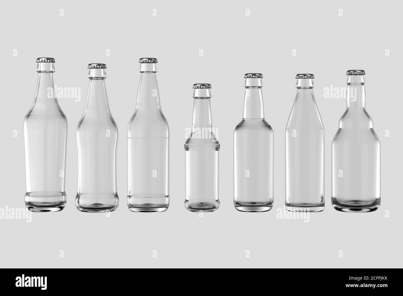 Eine Reihe von Klarglas Bierflaschen auf einem isolierten Weißer Studiohintergrund - 3D-Rendering Stockfoto