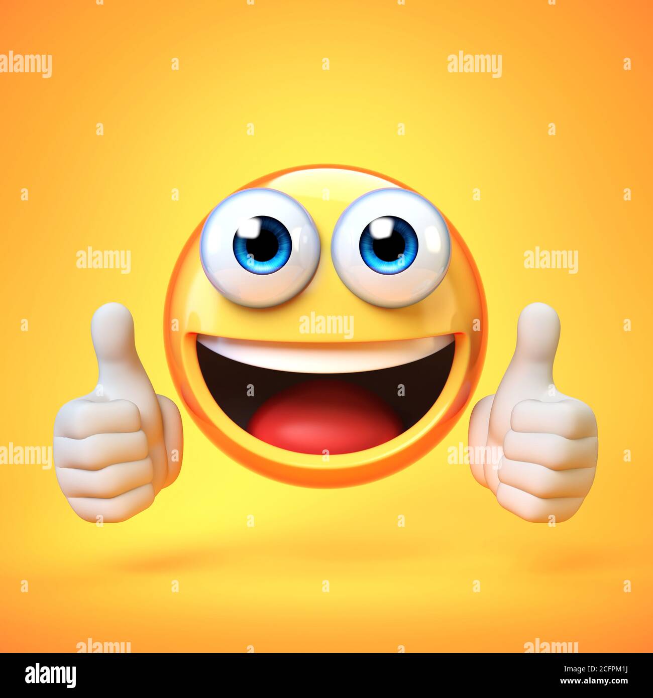 Daumen hoch Emoji isoliert auf gelbem Hintergrund, Emoticon geben mag 3d-Rendering Stockfoto