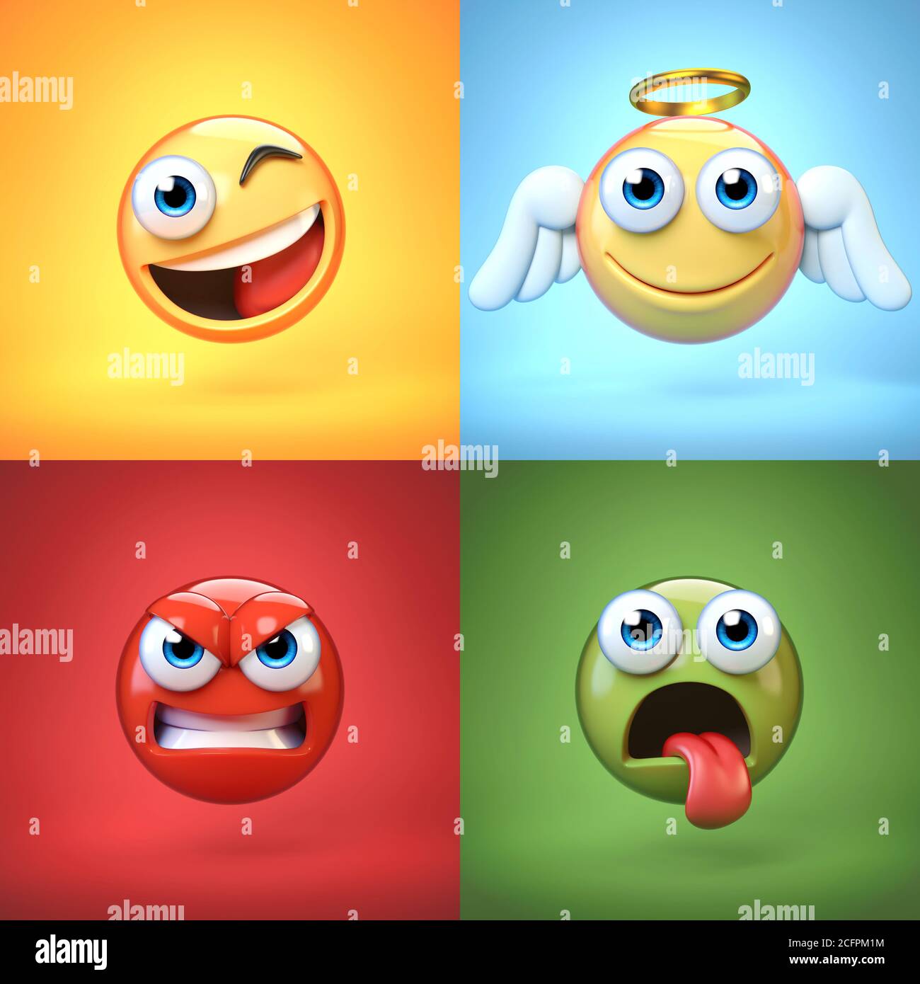 Verschiedene Emoticon auf bunten Hintergründen, Emojis Sammlung, 3d-Rendering Stockfoto