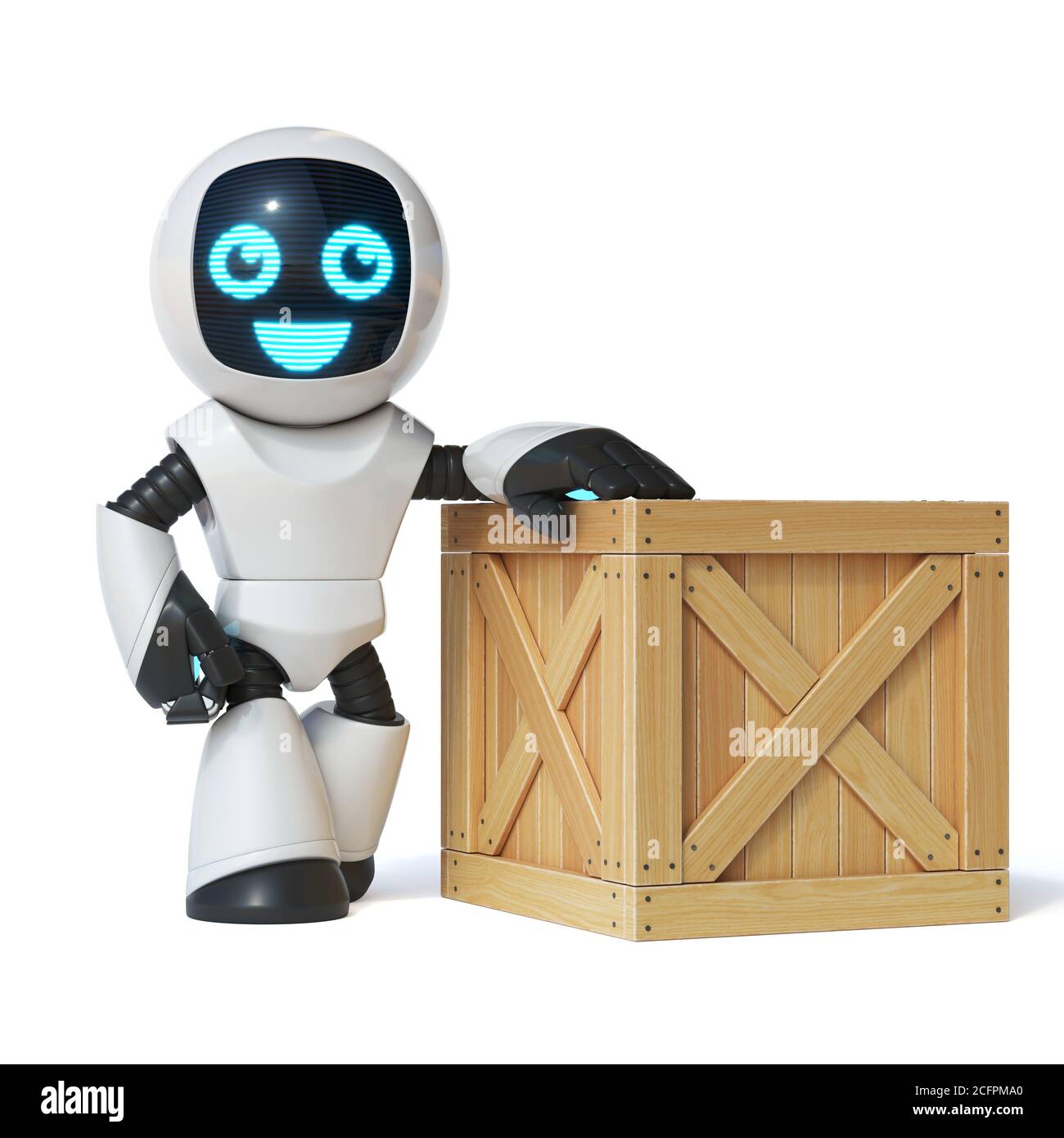 Kleiner Roboter steht neben Holzkiste 3d-Rendering Stockfoto