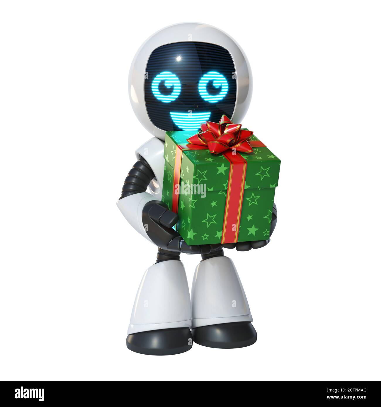 Kleiner Roboter hält Geschenk-Box 3d-Rendering Stockfoto