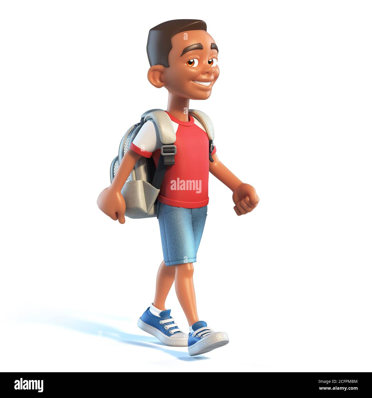 Afro amerikanischer Junge mit Schultasche zu Fuß, stilisierte Zeichentrickfigur, Schulkind 3d-Rendering Stockfoto
