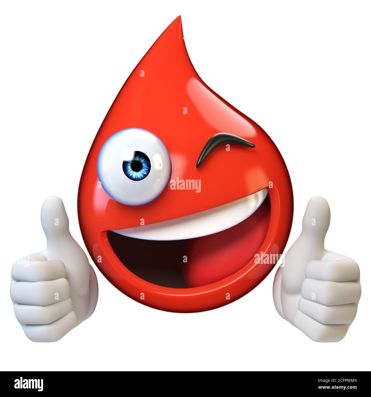 Bluttropfen Mascote mit lächelndem Gesicht 3d-Rendering Stockfoto