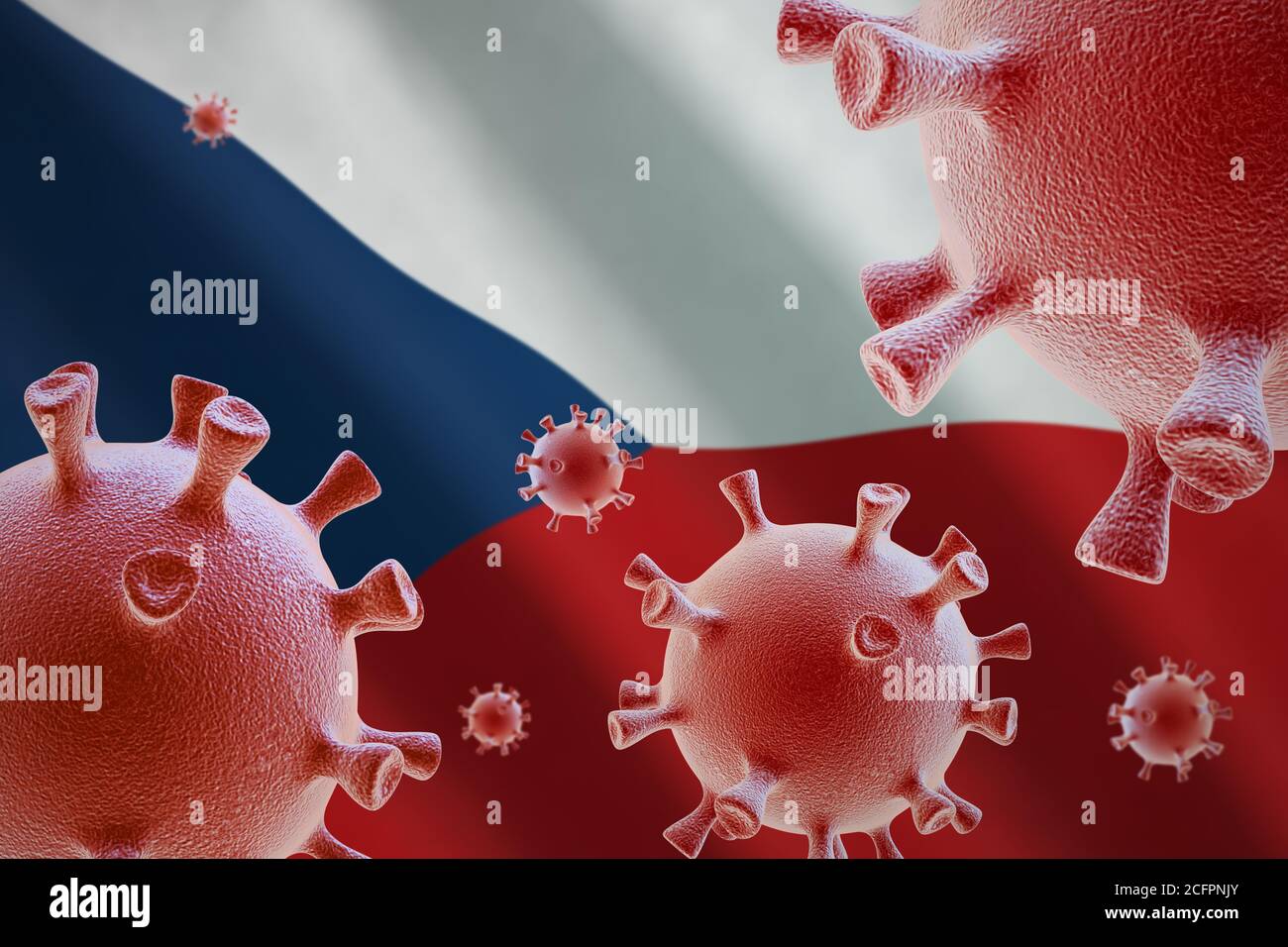 COVID-19. Coronavirus-Zellen auf dem Hintergrund der Flagge der Tschechischen Republik Stockfoto