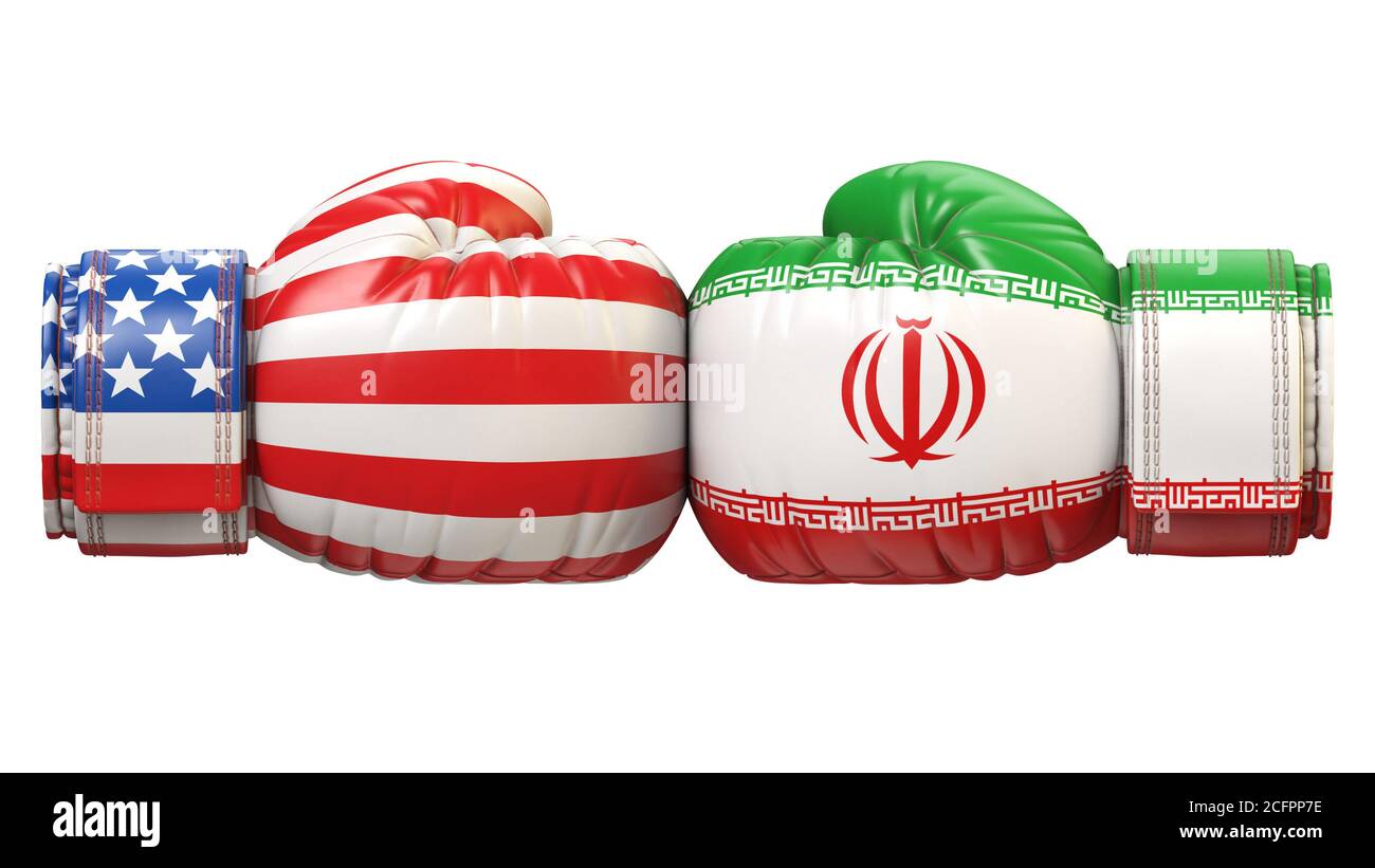 USA gegen iranischen Boxhandschuh, Amerika gegen Iran internationaler Konflikt oder Rivalität 3d Rendering Stockfoto