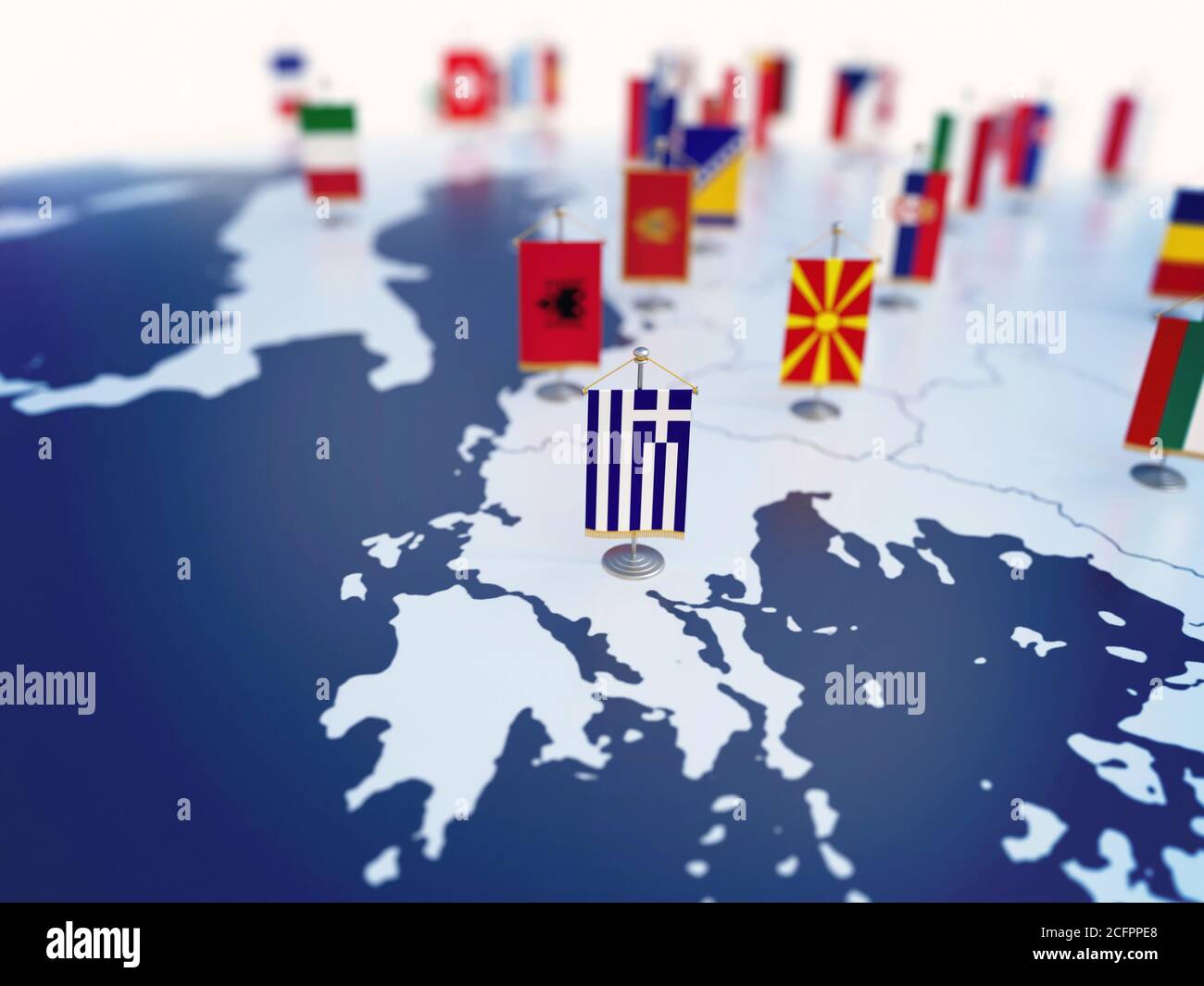Flagge Griechenlands im Fokus unter anderen europäischen Ländern Flaggen. Europa markiert mit Tabelle Fahnen 3d-Rendering Stockfoto