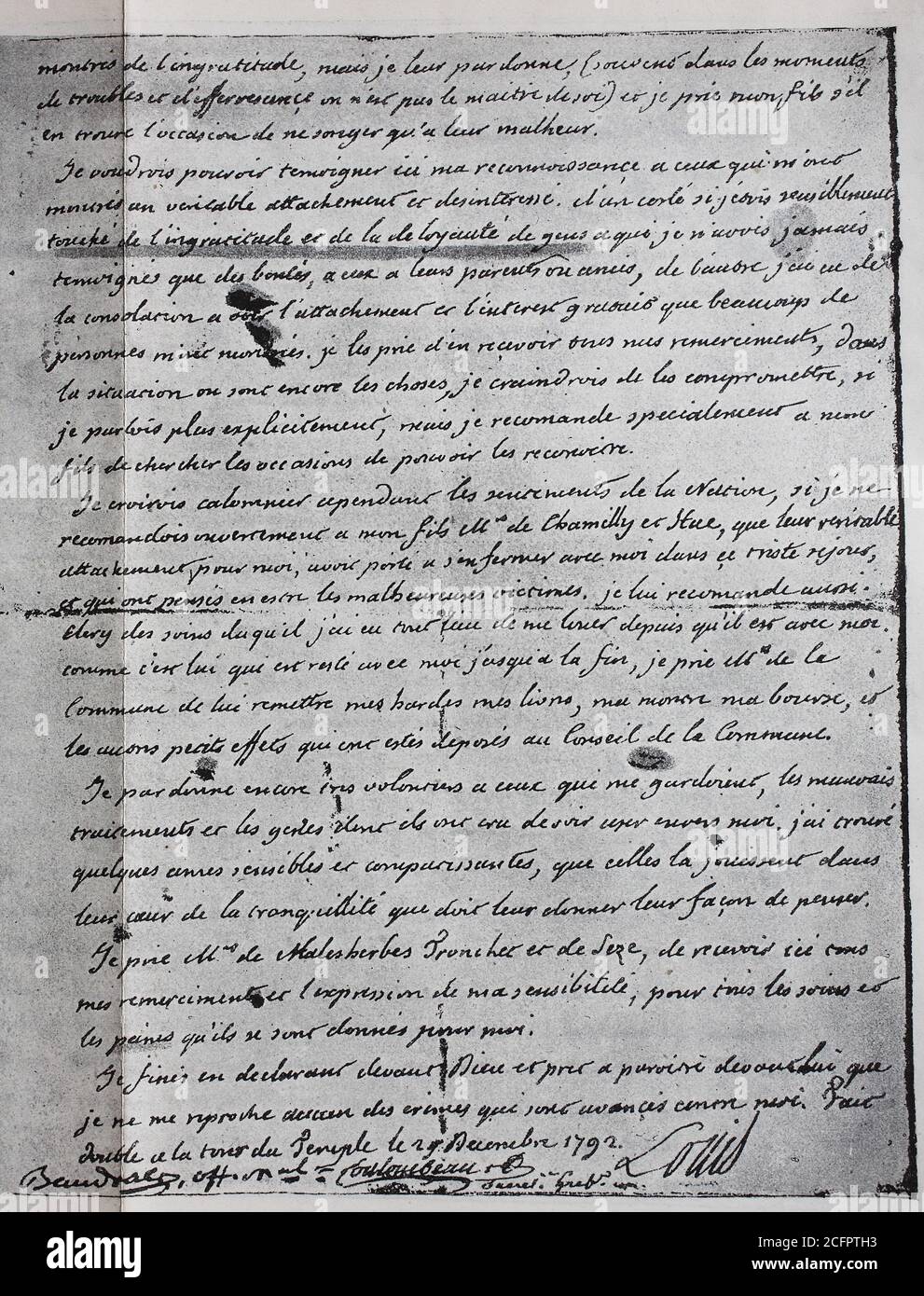 Testament von Ludwig XVI., Französisch Louis XVI.. Ludwig August von Frankreich, Herzog von Berry, Prinz Louis-Auguste de France, 23. August 1754 - 21. Januar 1793, König von Frankreich und Navarra, ab 25. Dezember 1792 Teil 1 / Testament von Ludwig XVI., französisch Ludwig XVI. Prinz Ludwig-August von Frankreich, Herzog von Berry, 23. 1754. Bis 21. August. Januar 1793, König von Frankreich und Navarra, vom 25. Dezember 1792, Teil 1, Historisch, historisch, digital verbesserte Reproduktion eines Originals aus dem 19. Jahrhundert / digitale Reproduktion einer Originalvorlage aus dem 19ten Jahrhundert. Jahrhundert, Stockfoto