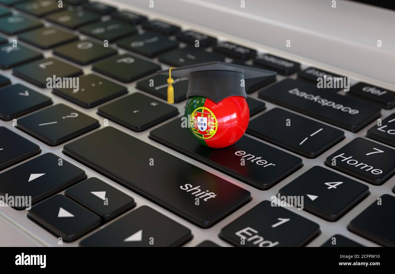 Lernen Sie Portugiesisch online 3d-Konzept, Portugal Flagge mit Graduierung Kappe auf Laptop-Tastatur 3d-Rendering Stockfoto