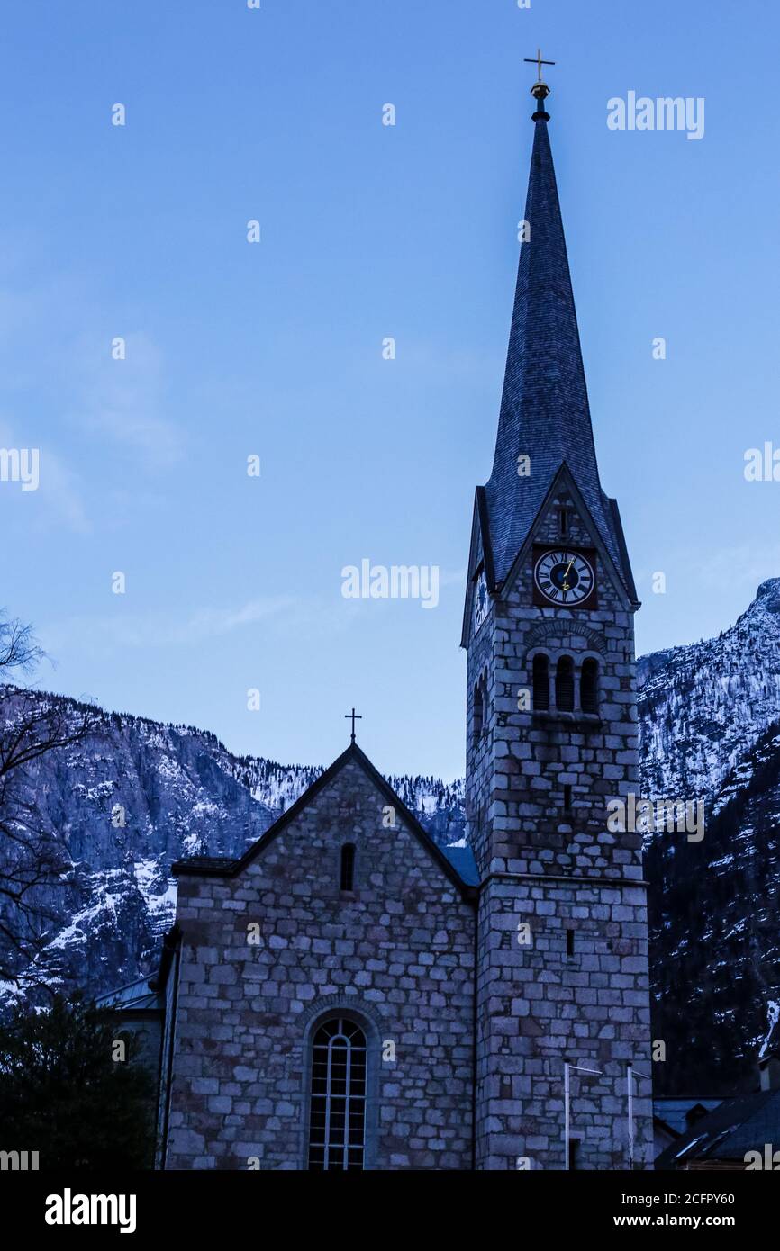 Ansicht der Evangelischen Kirche in Hallstatt, Österreich Stockfoto