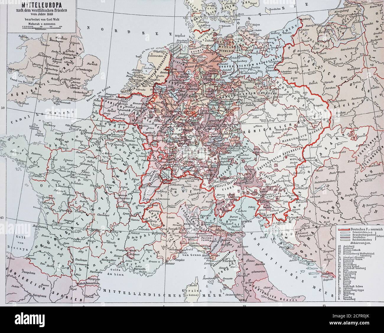 Karte von Mitteleuropa nach dem Westfälischen Frieden von 1648 / Landkarte von Mitteleuropa nach dem westlichen Frieden vom Jahre 1648, Historisch, historisch, digital verbesserte Reproduktion eines Originals aus dem 19. Jahrhundert / digitale Reproduktion einer Originalvorlage aus dem 19ten Jahrhundert. Jahrhundert, Stockfoto