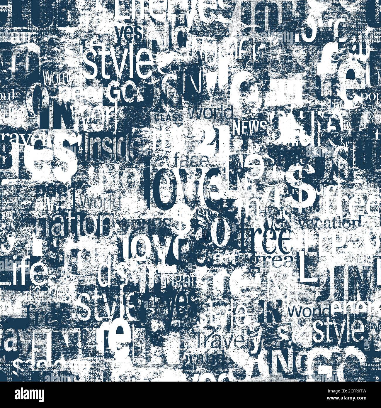 Abstrakte Grunge städtischen geometrischen Wörter, Buchstaben nahtlose Muster. Alte Zeitung, Zeitschrift texturierten Papier Hintergrund. Blau weiß Collage wiederholenden Text Stockfoto