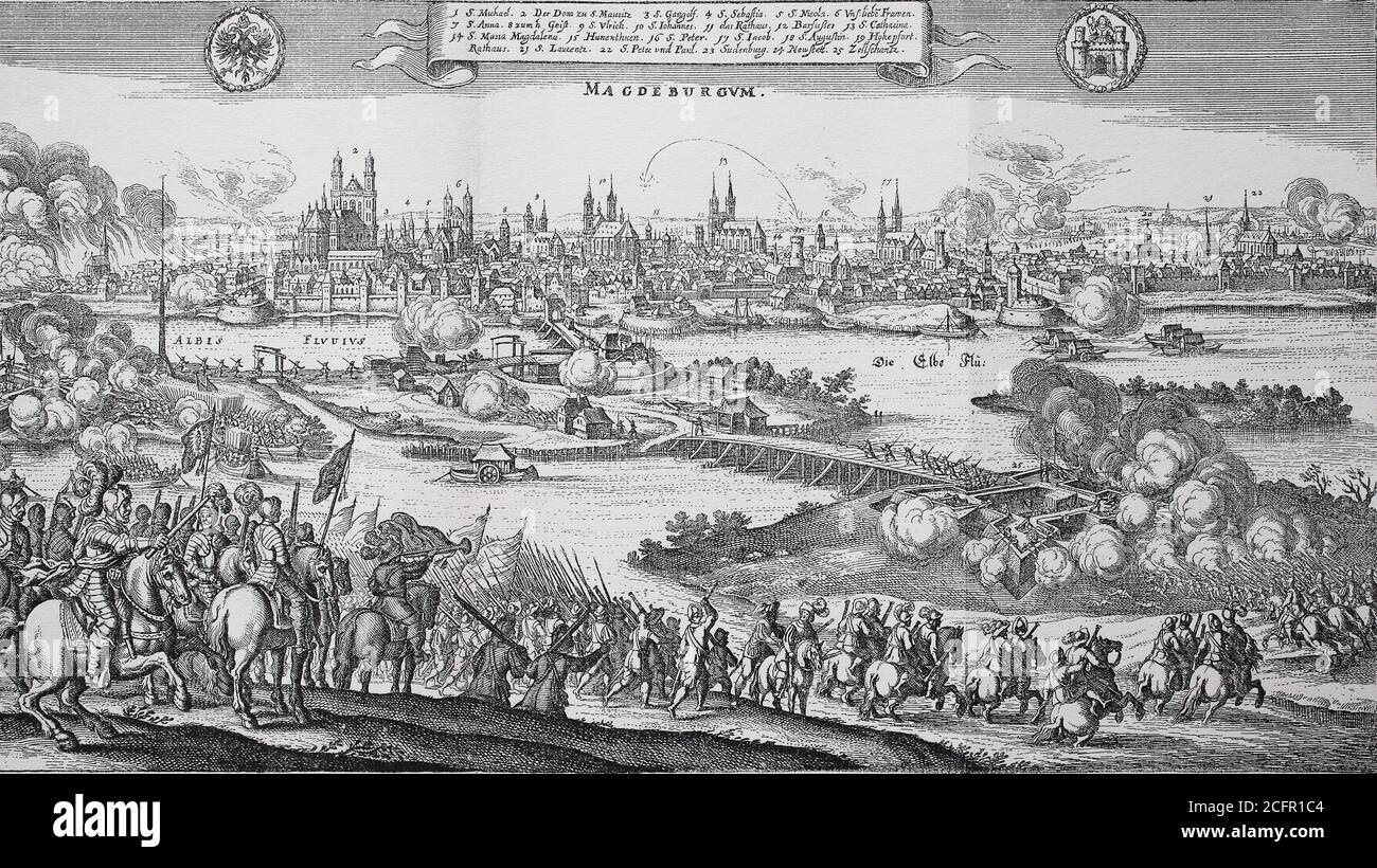 Sack Magdeburg, Magdeburger Opfer, Belagerung Magdeburgs, bezieht sich auf die totale Verwüstung der Stadt Magdeburg am 20. Mai 1631 durch kaiserliche Truppen unter Tilly und Pappenheim während des Dreißigjährigen Krieges / Magdeburger Hochzeit, Magdeburgs Opfergang, Belagerung von Magdeburg, Bezeichnet die gesamte Verwüstung der Stadt Magdeburg am 20. Mai 1631 durch kaiserliche Truppen unter Tilly und Pappenheim im Verlauf des dreijährigen Krieges, Historisch, historisch, digital verbesserte Reproduktion eines Originals aus dem 19. Jahrhundert / digitale Reproduktion einer Originalvorlage aus dem 19ten Jahrhundert. Jahrhu Stockfoto